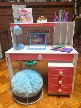 Dolls Pink and White Desk with Blue Accent Stool